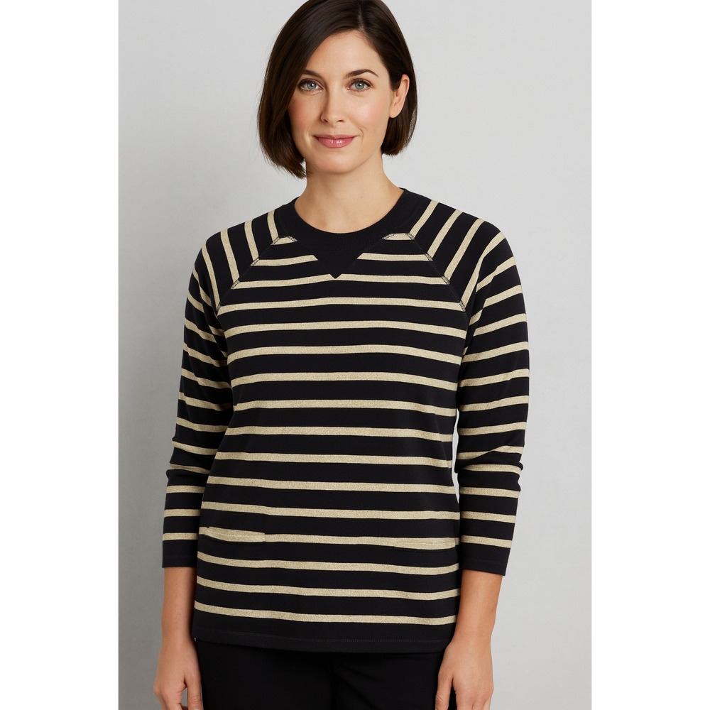 Club Monaco Womens Striped Metallic Gold Black Top Raglan Sleeve‎ Size Large